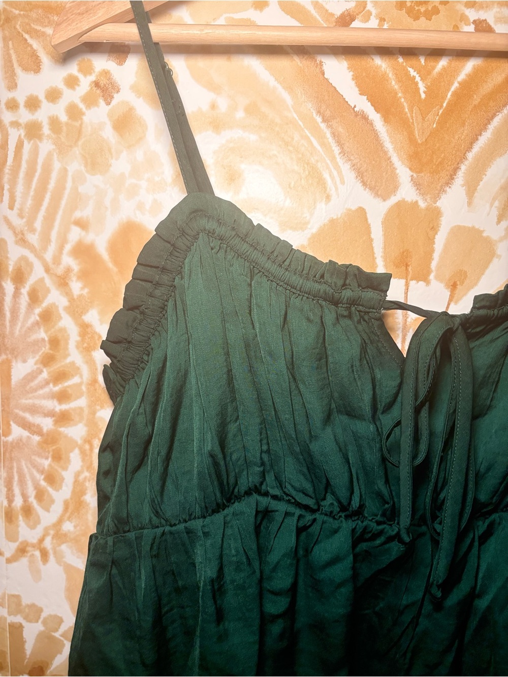 American Eagle Babydoll Ruched Romantic Forest Green Ruched Tie Front Cami Top - Picture 7 of 11